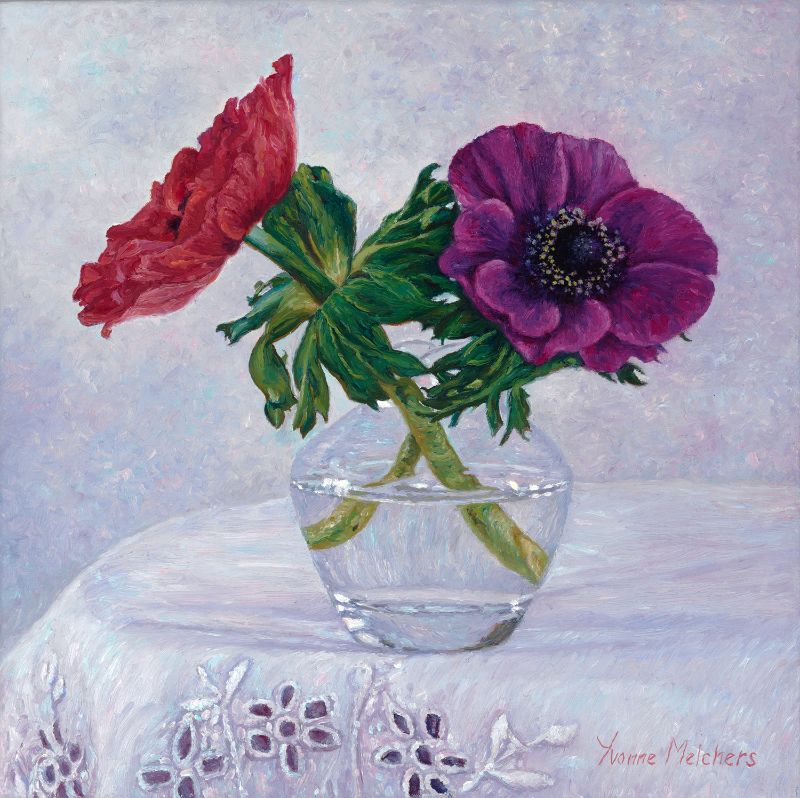 STILL LIFES Glass with Red and Purple Anemone