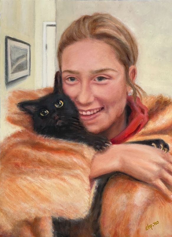 Young lady in fur with a black cat